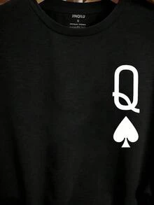 Round Neck T-Shirt With Poker Q Print, 100% Cotton, Casual Short Sleeve T-Shirt For Spring Summer, Women's Clothing - 黑色 - 查看 3