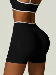 UONNOU Soft Ribbed Seamless Shaping Biker Shorts, High Waist Tummy Control Hip Lift Anti-Chafing Stretch Fitness Yoga Shorts Sports - Black - View 2