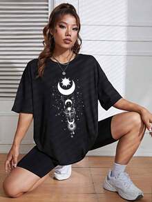 Camiseta gráfica con estampado de sol y luna y hombros caídos para mujeresPure-Cotton - Negro - Ver 6