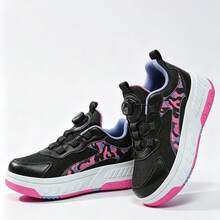 1 Pair Adult Rotary Buckle No-Tie Wheeled Sports Shoes, Detachable 4-Wheel Camouflage Roller Skates, Black Purple Colorful Casual Skateboard Shoes & Roller Skates - Black Purple - View 3