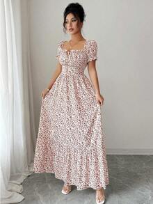 vestido de mujer con estampado digital, mangas abullonadas, nudo delantero, espalda descubierta y cintura ceñida.Elegante y chic para vacaciones, citas, estilizador y adelgazante - Multicolor - Ver 5
