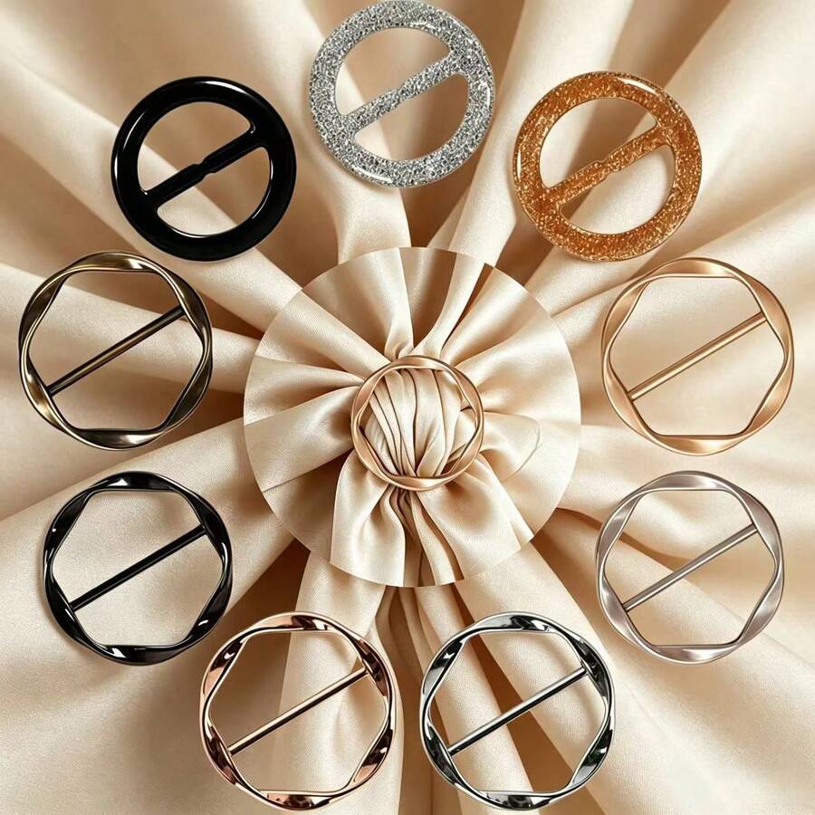 9pcs Women's T-Shirt Clips, Knotted Buttons, Fashion Metal Round Buttons, Circular Silk Scarf,Holiday,Travel Essential