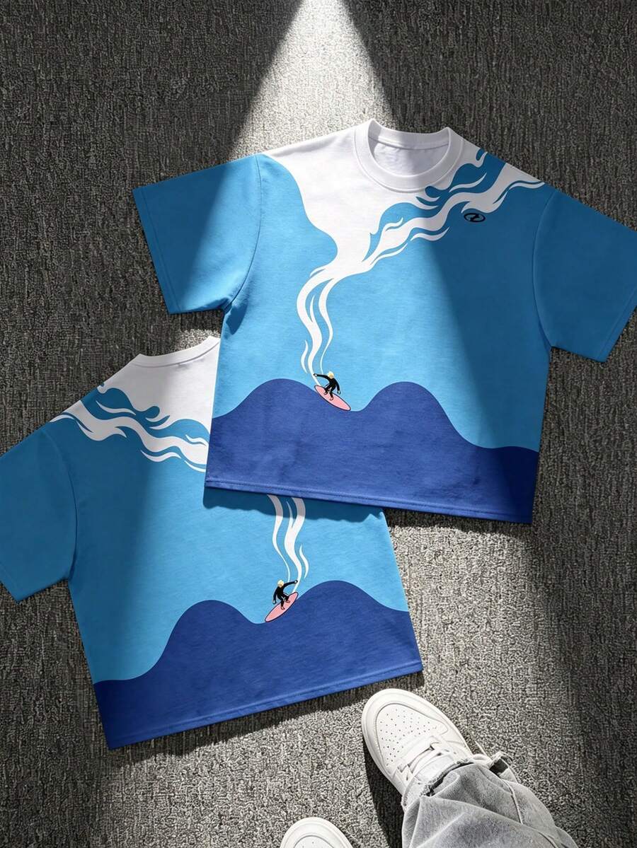 Men's Casual Loose Fit Surfing Wave Pattern Round Neck Short Sleeve T-Shirt, Summer Beach Holiday - Blue - View 1