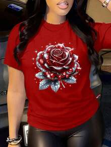 Camiseta de manga corta de cuello redondo con estampado floral casual de verano para mujer-Vintage Street Style Unisexoose Cotton Short Sleeve Crew Neck T-Shirt - Rojo - Ver 6