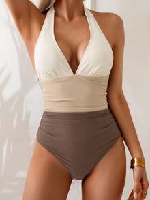 Traje de baño de una pieza con control de abdomen, estilo minimalista de unicolor, con escote halter y espalda descubierta, para vacaciones de verano en la playa - Multicolor 4 - Ver 6