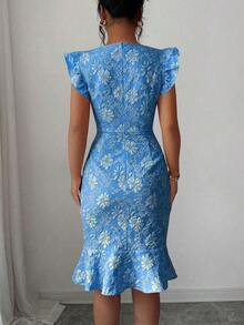 Vestido elegante de jacquard para ir al trabajo, verano - azul real - Ver 2