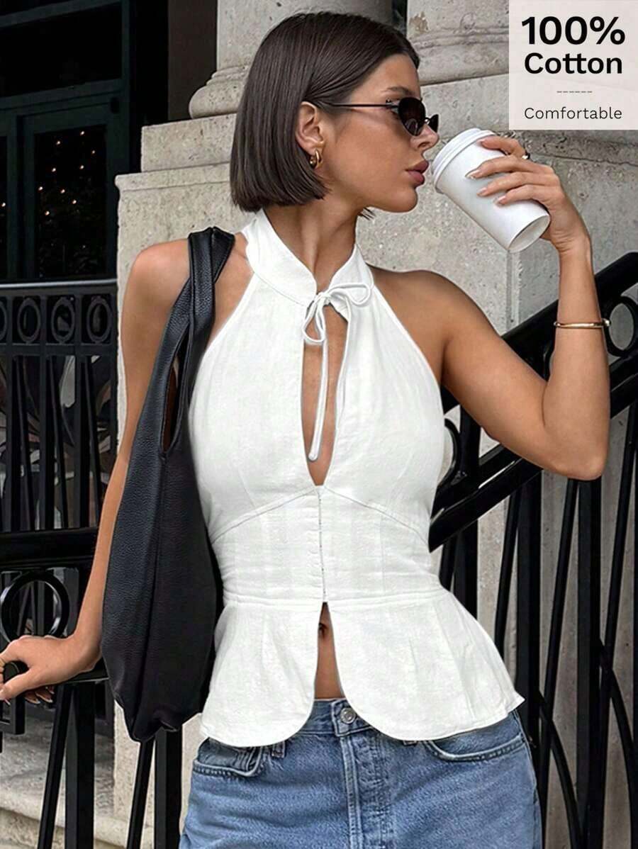 Chaleco para mujer con moño, recorte y diseño hueco, ajuste slim, para salidas diarias - Blanco - Ver 1