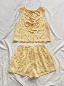 Top sin espalda con textura y lazo, holgado y casual para vacaciones, shorts casuales con elástico en la cintura y bolsillos, para playa y mar - Amarillo 2 - Ver 2