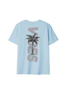 Women's Minimalist Coconut Tree Slogan Print Casual Round Neck Short Sleeve T-Shirt, Simple & Versatile, Suitable For Daily & Holiday Wear. Graphic Tee, Women, White, Black, Pink SummerShort Sleeve T-Shirt, Spring Layering, Casual Tops, Basic Tee, Unisex, Couple Matching, Men & Women - 藍色 - 查看 2