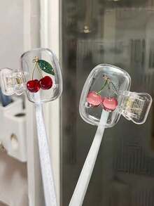 2 Pack Pink & Green Cherry Toothbrush Holder With Clear Lid, Portable Ventilated Drainage Toothbrush Cover Case, Cute Bathroom Storage For Home Dorm Travel - A - View 1