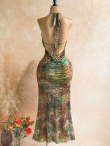 Vestido de playa sexy con estampado de leopardo, decoración de metal y espalda descubierta para mujer - Multicolor 2 - Ver 2