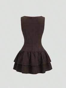 Sweetro Vestido mini de línea A con doble capa de volantes, sin mangas, en estilo vintage, romántico, elegante, juguetón, lindo, bohemio, para festivales de música, vacaciones, citas, trayectos y trabajo, apto para primavera/verano/otoño/invierno - Cafetería - Ver 2