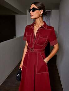 Vestido casual de mujer con inspiración vintage de manga corta, diseño de bloqueo de color con cuello, botones delanteros y bolsillos, cintura ajustada, tela ligera y transpirable sin estiramiento, fácil cuidado.Consulte la tabla de tallas al realizar la compra. - Rojo - Ver 2
