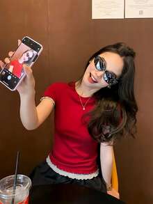 Solid Color Fitted Round Neck Short Sleeve T-Shirt For Women, Contrast Trim Cropped Top Casual Red - Red - View 4