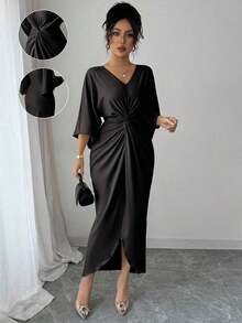 xheElenzga Vestido de manga de murciélago de punto elástico elegante con diseño de giro de cuello en V de longitud media para mujeresxhe - Negro - Ver 1