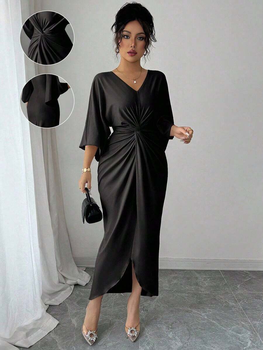xheElenzga Vestido de manga de murciélago de punto elástico elegante con diseño de giro de cuello en V de longitud media para mujeresxhe - Negro - Ver 1