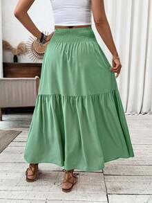 Women's Long Ditsy Floral Skirt, Casual Elastic Waist With Pockets, Ruffle Hem, A-Line Skirt For Summer Spring - Sage Green - View 3