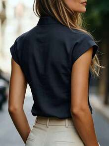 Camisa de mujer de verano casual de unicolor con cuello de muesca - Azul marino - Ver 2
