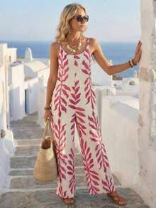 Mono Casual de Pierna Ancha con Bolsillos en Color Sólido para Mujer - Rosa - Ver 3