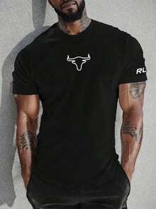 Manfinity Fitness Camiseta de manga corta con estampado de letra y cabeza de toro, estilo novio, para hombre.Camiseta deportiva básica, ropa de entrenamiento, camisetas y tanques de running, camisetas de entrenamiento transpirables y ajustadas, cuello redondo - Negro - Ver 1