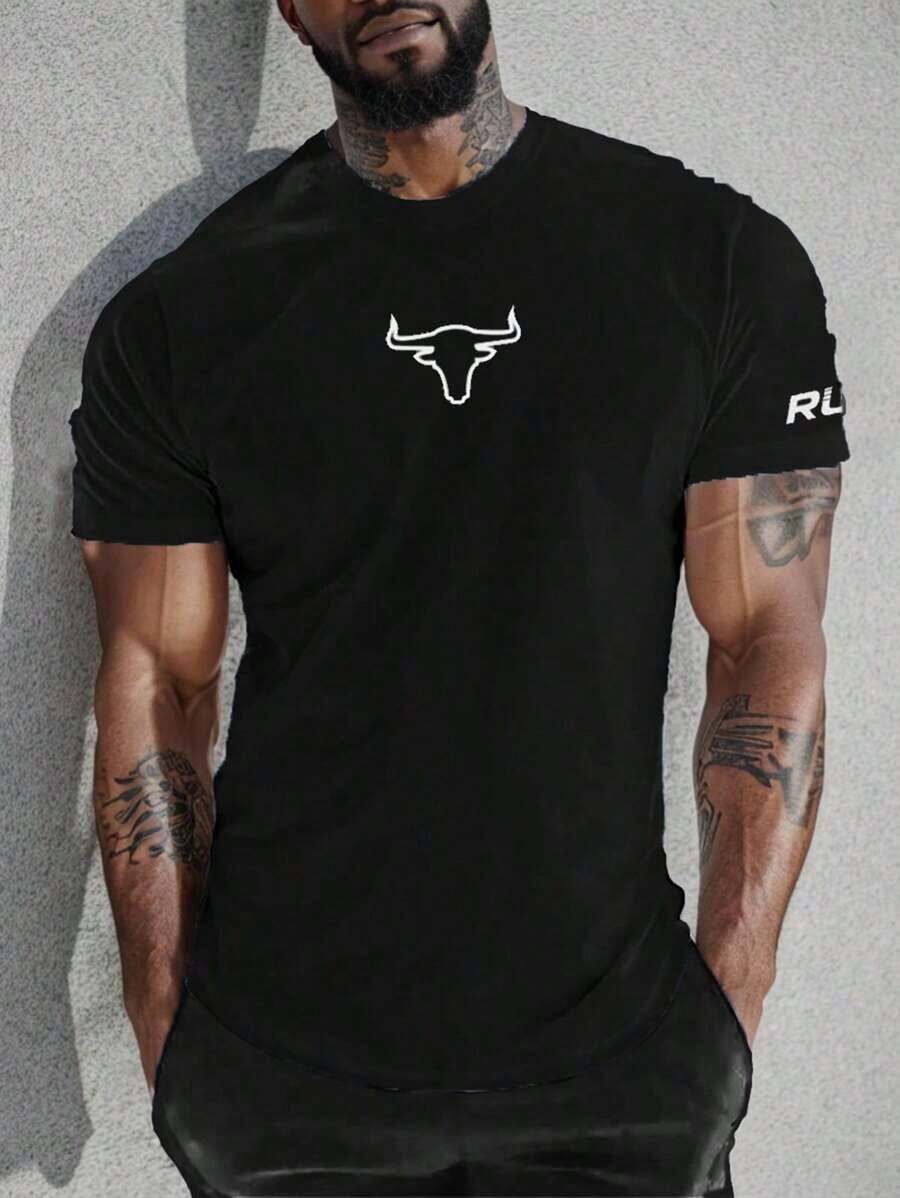 Manfinity Fitness Camiseta de manga corta con estampado de letra y cabeza de toro, estilo novio, para hombre.Camiseta deportiva básica, ropa de entrenamiento, camisetas y tanques de running, camisetas de entrenamiento transpirables y ajustadas, cuello redondo - Negro - Ver 1