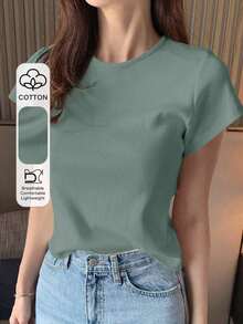 Camiseta básica de mujer de manga corta, cuello redondo, unicolor blanco, para primavera/verano, estilo casual de oficina - Verde 2 - Ver 1