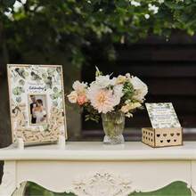 Rustic Eucalyptus Leaves Wedding Guest Book Alternative - Drop Box Picture Frame With 100 Wood Hearts & Pen For Reception & Ceremony - Square Wood Design - Heart - View 7