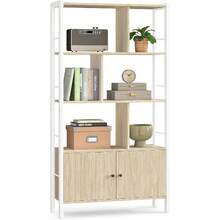 Large Bookshelf 4 Shelves Industrial Style With Doors Steel Structure Rustic Brown Ink Black Storage Shelf For Living Room Office - 自然米色 + 雲白色 - 查看 3