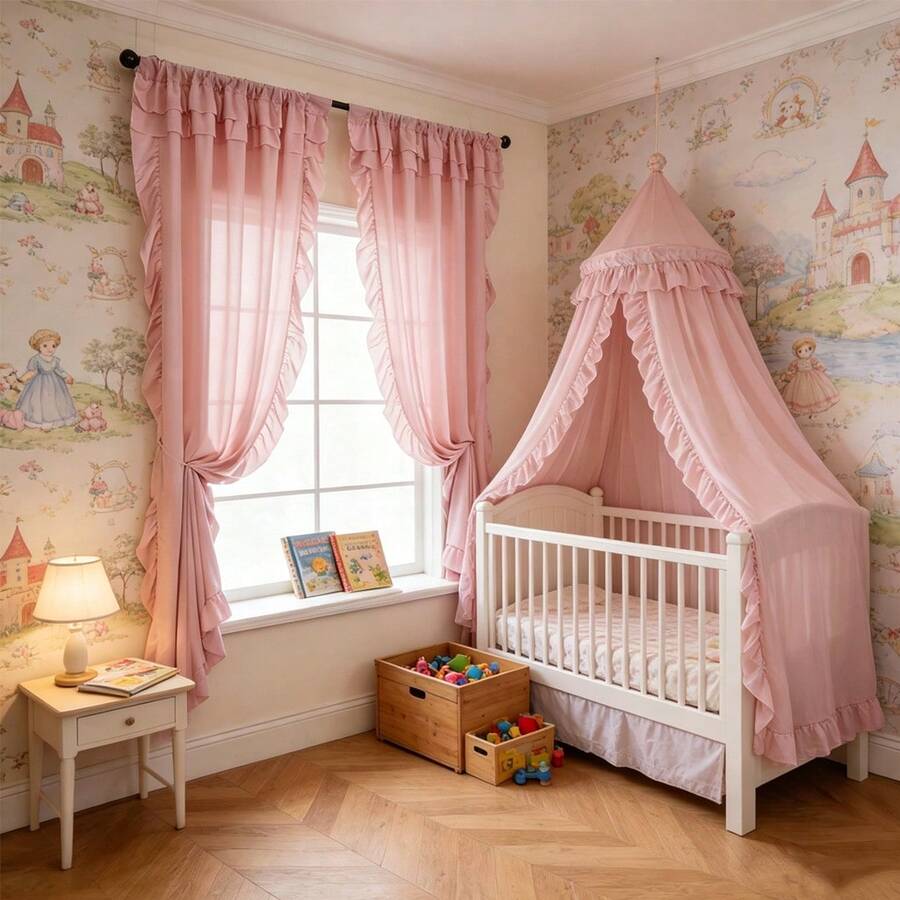 1pc French Luxury Ruffle Edge Voile Curtain, Elegant Solid Color French Style Curtain With Ruffle Edge, Suitable For Bay Window, Living Room, Bedroom, Office, Kitchen, Study, Home Decor - Pink - View 1