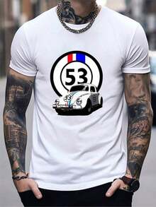 Versatile Casual Loose Fit Short Sleeve T-Shirt With Fun Racing Design Print, Ideal For Holidays, Work And Everyday Wear - 白色 - 查看 1