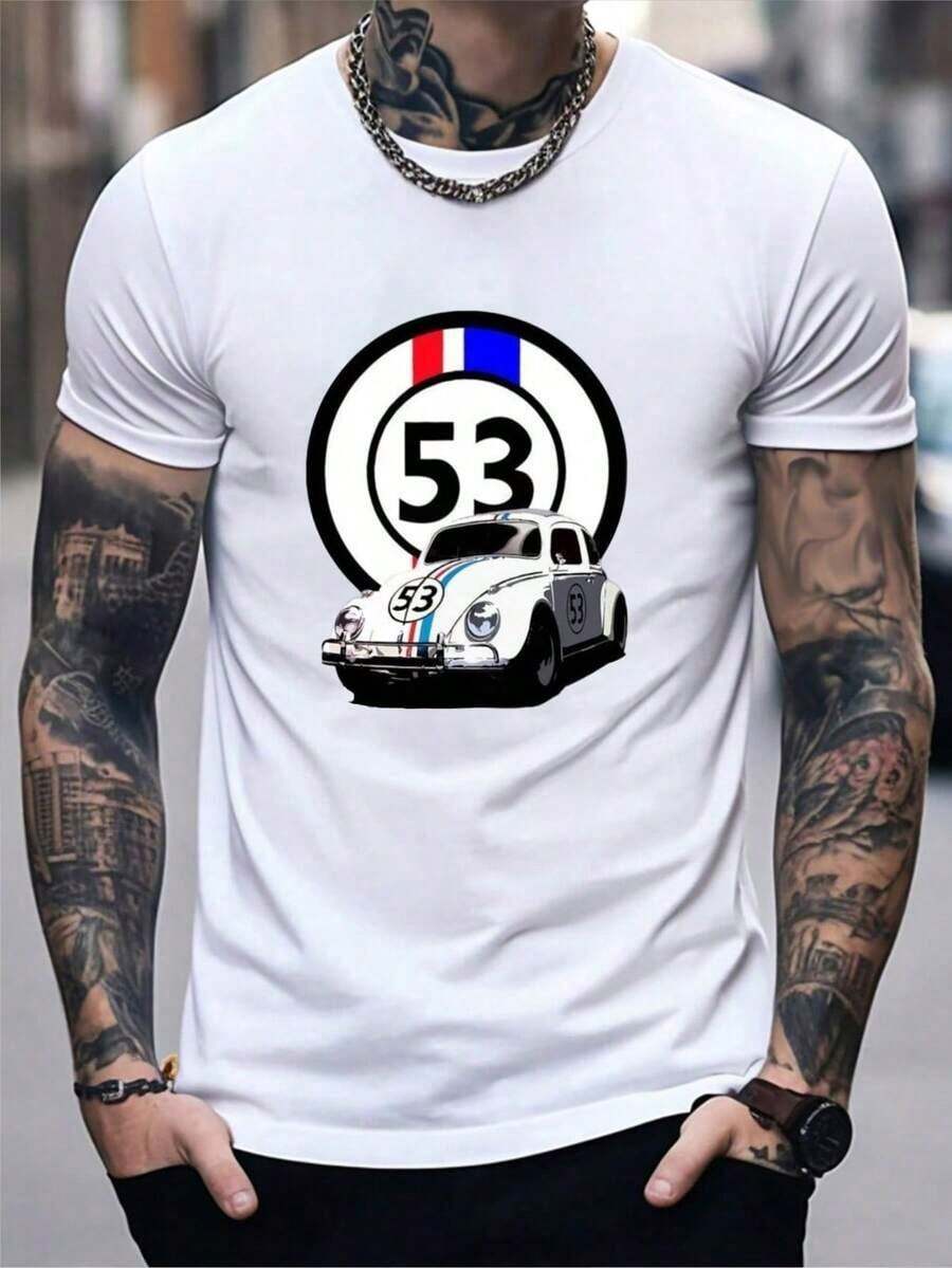 Versatile Casual Loose Fit Short Sleeve T-Shirt With Fun Racing Design Print, Ideal For Holidays, Work And Everyday Wear - 白色 - 查看 1