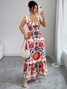 Vestido largo de verano con estampado vintage, hombros con cordones, corte en la cintura para vacaciones y playa para mujeres - Multicolor 2 - Ver 6