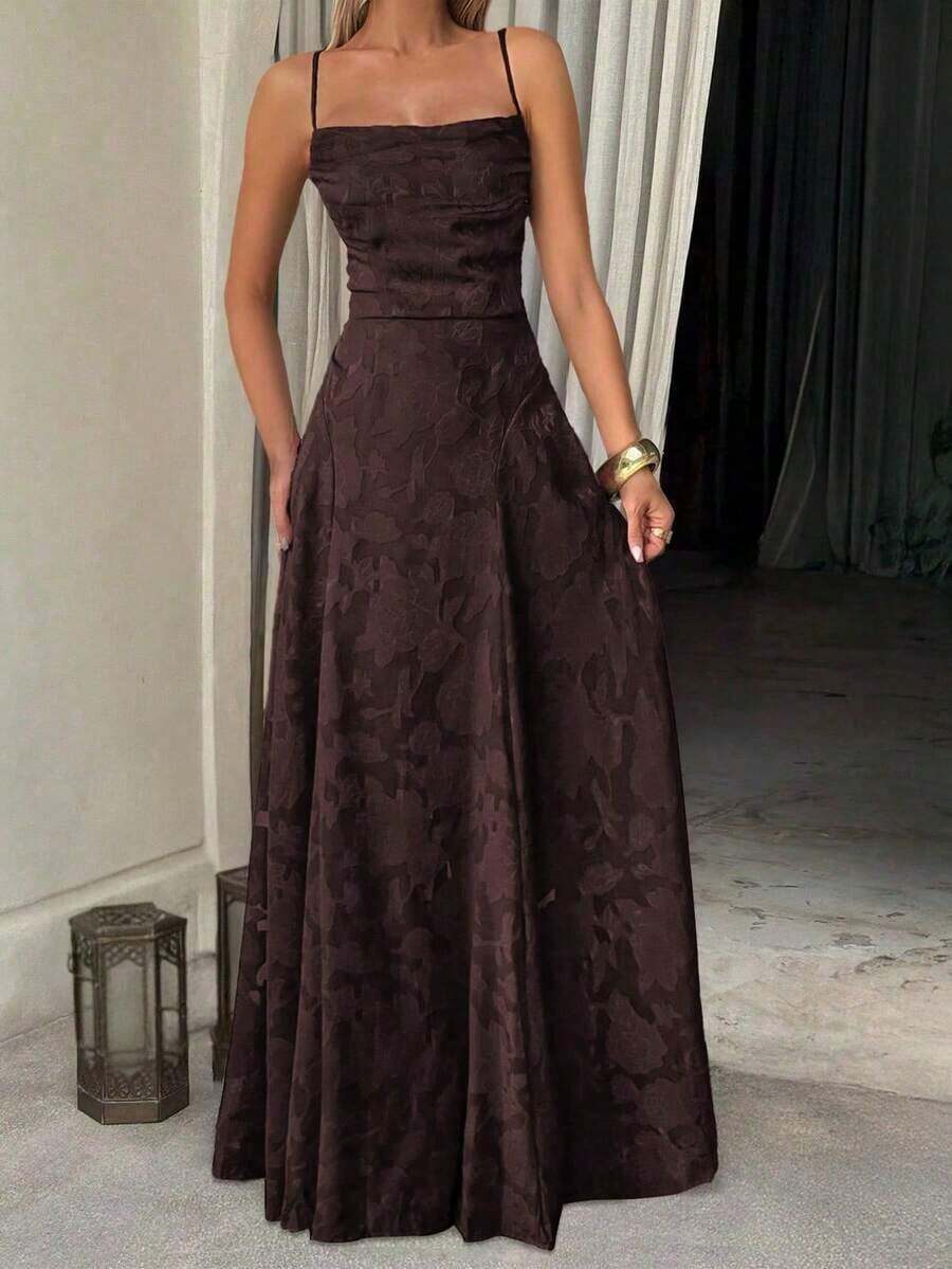 Vestido de verano sexy y elegante para mujer de Unadoll, con cinturón de cordón en la cintura y diseño sin espalda, hecho de tela jacquard, adecuado para vacaciones, playa, citas, vuelta al colegio, bodas, fiestas y otras ocasiones - Marrón - Ver 1