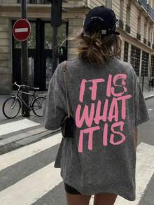Plus Size Women "It Is What It Is" Letter Print Casual Round Neck Short Sleeve T-Shirt, Reversible Design, Fashion Top, Suitable For Summer, Women's Apparel - Dark Grey - View 2