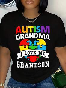 1 T-Shirt With Letter Print "I Appreciate My Grandson" For Autistic Grandmother, Casual Round Neck, 100% Fabric, Fashionable Short-Sleeved T-Shirt For All Seasons. - 黑色 - 查看 1