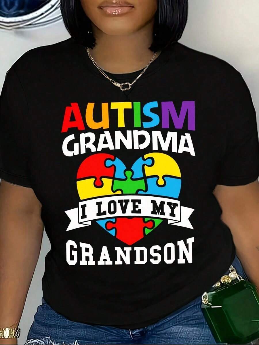 1 T-Shirt With Letter Print "I Appreciate My Grandson" For Autistic Grandmother, Casual Round Neck, 100% Fabric, Fashionable Short-Sleeved T-Shirt For All Seasons. - 黑色 - 查看 1