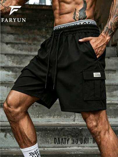 Men's Drawstring Waist Multi-Pocket Decorated Loose Casual Cargo Shorts, American Streetwear Style, Suitable For Summer Daily Wear