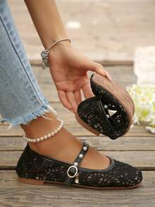Nuevos zapatos planos cuadrados transpirables de moda para mujer, mocasines casuales para el hogar, conducir, todas las estaciones, de material de tela - Negro - Ver 3