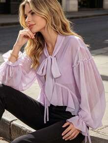 Women's Sheer Ruffle Tops Fashionable Solid Color V Neck Long Sleeve Tie Front Loose Blouse - Purple - View 2
