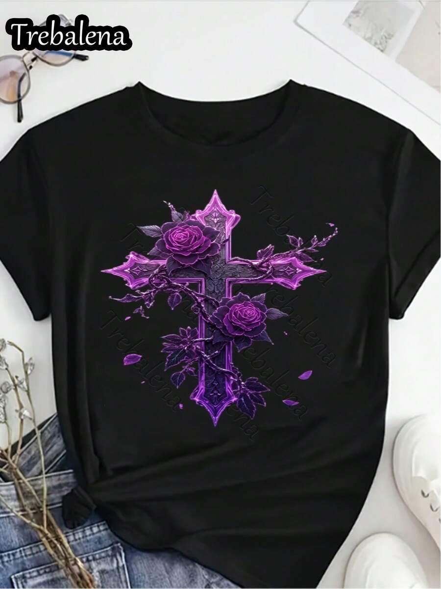 Talla Grande, [Camiseta Talla Grande] [Camiseta Gótica] Camiseta Negra con Elegante Diseño de Cruz Gótica Morada - Rosas Moradas Intensas y Detalles Intrincados, Estética Oscura Elegante, Perfecta para Uso Casual, Única, de Tela Suave Transpirable con Cristales, Cuello Redondo - Negro - Ver 1