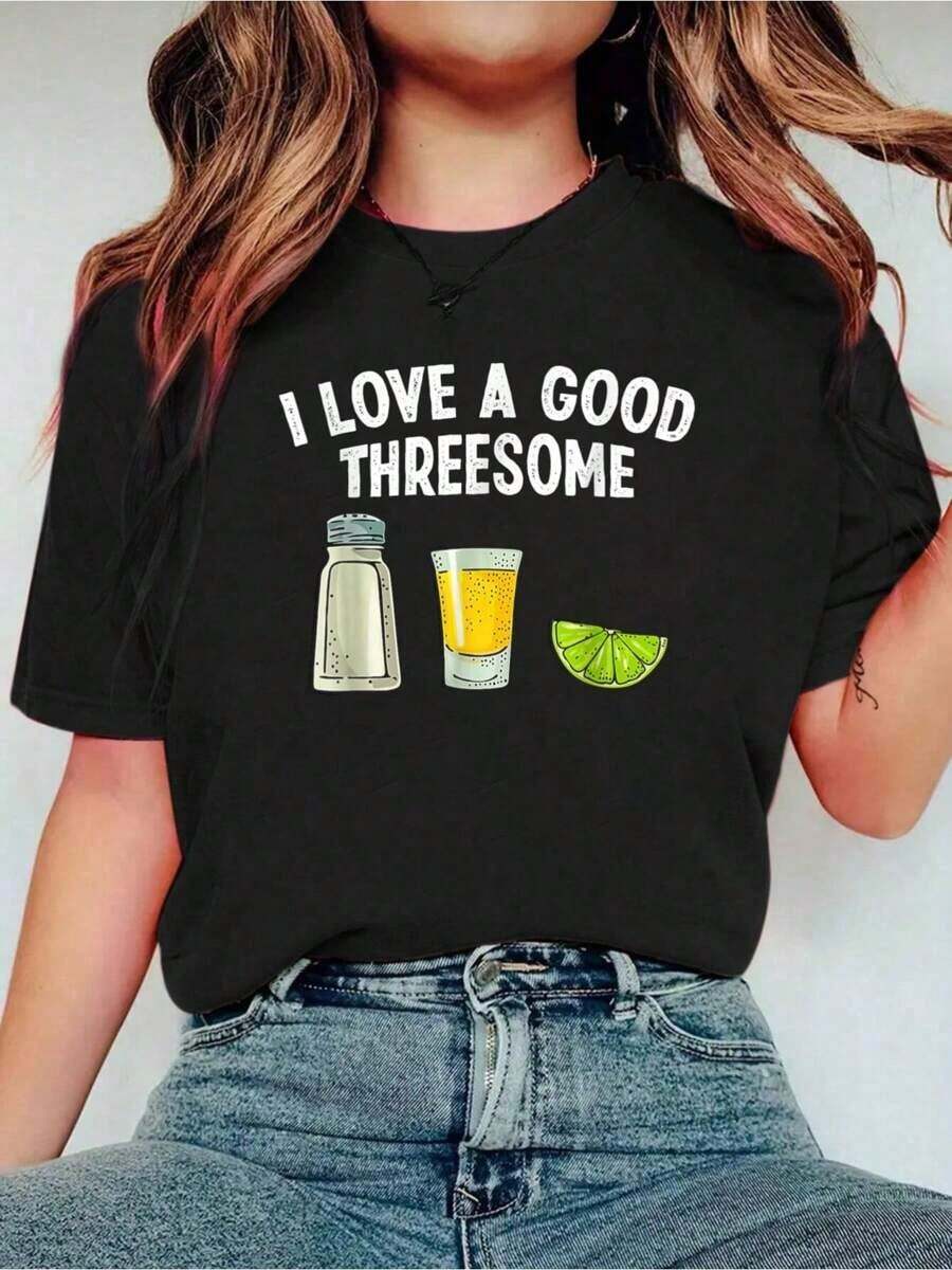 Camiseta de Bartender "Me Encanta Un Buen Trío" para Mujer, Moderna, Casual, de Cuello Redondo y Manga Corta - Negro - Ver 1