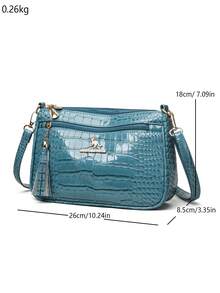 New Fashionable Crossbody Bag For Women, Faux Crocodile Embossed PU Material Shoulder Bag With Adjustable Detachable Strap, Metal Logo & Tassel Decor, Versatile For Daily, Work, Shopping - Blue - View 4