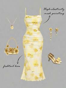 Vestido con estampado floral colorido y romántico en rosa, con pliegues - Perfecto para vacaciones, citas, picnics, fiestas, bailes de graduación, festivales y cumpleaños; Romántico y lindo - amarillo ganso - Ver 2