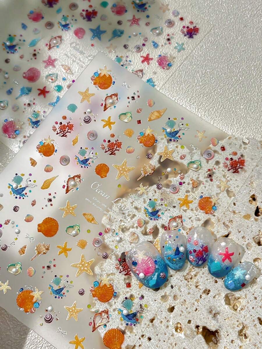 1 片精美水晶银色烫印海洋美甲贴纸,闪亮海星和贝壳美甲装饰贴花,DIY 美甲配件 - 彩色 - 查看 1