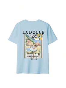 New Women's Summer T-Shirt, Casual, Colorful, With Letter And Oil Painting Print, Round Neck, Short Sleeve, Pink, Versatile And Fashionable, Suitable For Women's Tops, Leisure On Holidays And Spring Break, Black - 淺藍色 - 查看 2