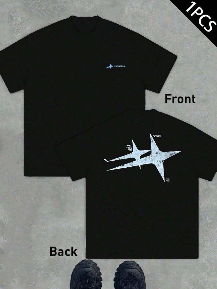 Camiseta de mezcla de algodón con estampado gráfico, ligera, jersey de algodón con estampado a doble cara, duradera, corte clásico, informal, esencial para oto?o. - Negro - Ver 1