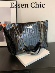 Large Capacity Shoulder Tote Bag Metal Decor Chain StrapSchool Bag,School Handbag,Back To School Backpack,Large Capacity,Lightweight,Portable,Business Casual, Suitable For Teen Girls Women College Students,Rookies & White-Collar Workers, Perfect For Back To School,First Day Of School,College,Middle School, High School,Work , Business, Commute - Black - View 1