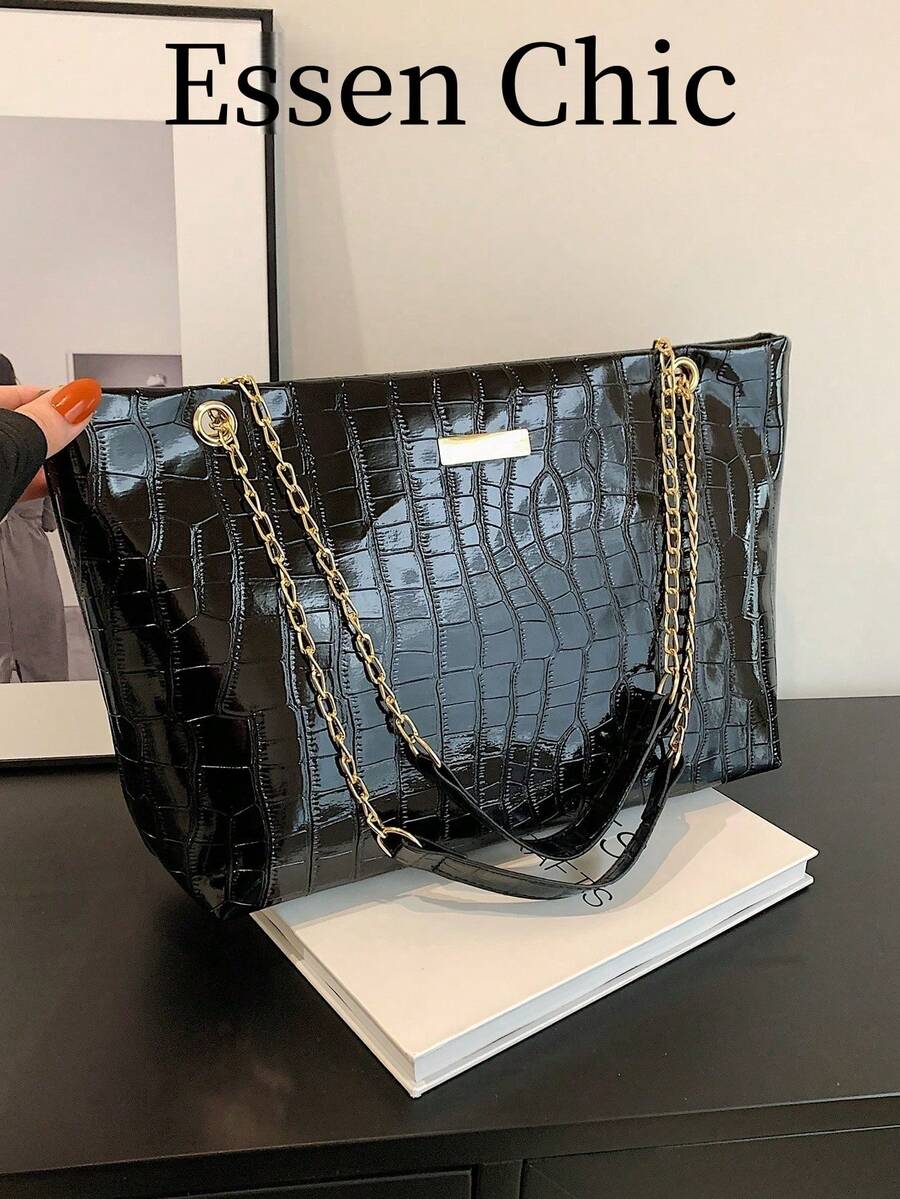 Large Capacity Shoulder Tote Bag Metal Decor Chain StrapSchool Bag,School Handbag,Back To School Backpack,Large Capacity,Lightweight,Portable,Business Casual, Suitable For Teen Girls Women College Students,Rookies & White-Collar Workers, Perfect For Back To School,First Day Of School,College,Middle School, High School,Work , Business, Commute - Black - View 1
