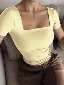 Blusa de manga corta con cuello cuadrado, elegante y versátil, adecuada para uso diario, ir al trabajo y salir, primavera y verano - Amarillo - Ver 2