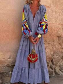 Vestido casual de estilo occidental y resort de manga larga con cuello en V y estampado de rayas vintage para mujeres - azul real - Ver 2